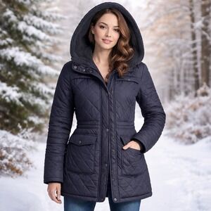 Lucky Brand Women XS Long Navy Diamond Quilted Jacket Hood Fur Coller Snap Zip